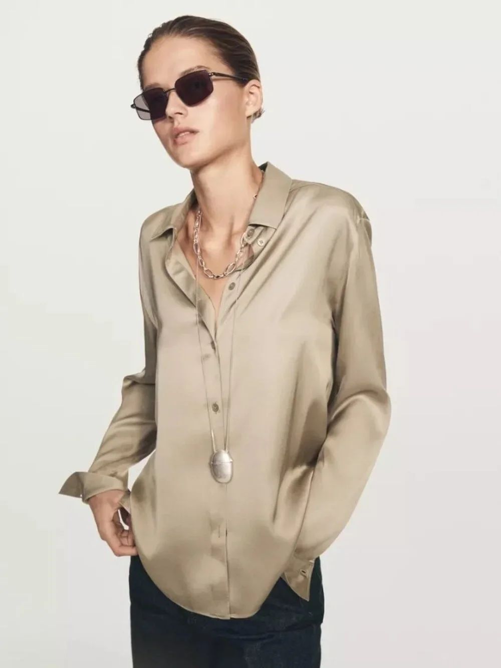 Zara Womens Flowing Satin Blouse Shirt Small Brown Long Sleeve 5150/950 NWD